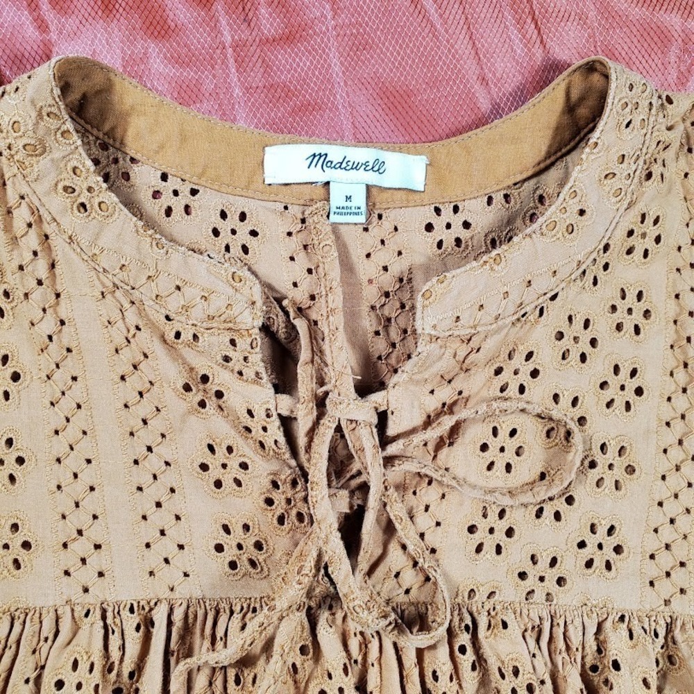 Madewell Eyelet Women‎ Medium Double Tie Peasant Top Long Sleeve Boho True Brown - Picture 5 of 14